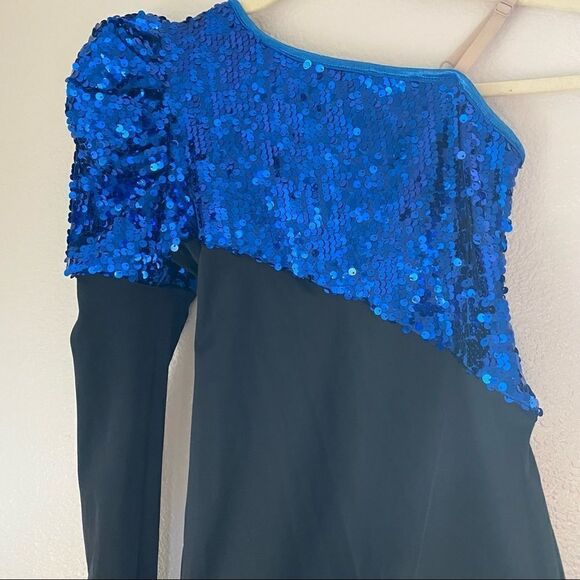 WEISSMAN Balera Dance Costume blue sequin one puff sleeve large child LC - Picture 4 of 13